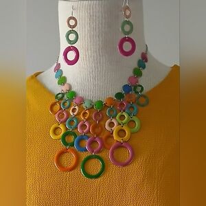 Multicolor Circle Link Statement Necklace and Earring Set. Adjustable.